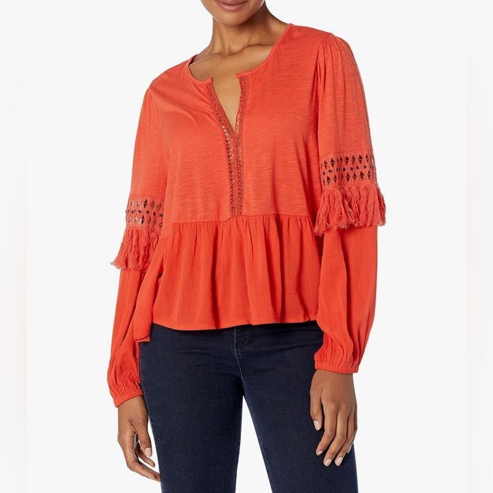 Lucky Brand Coral Orange Peasant Top Fringe Eyelet Peplum Blouse NEW
